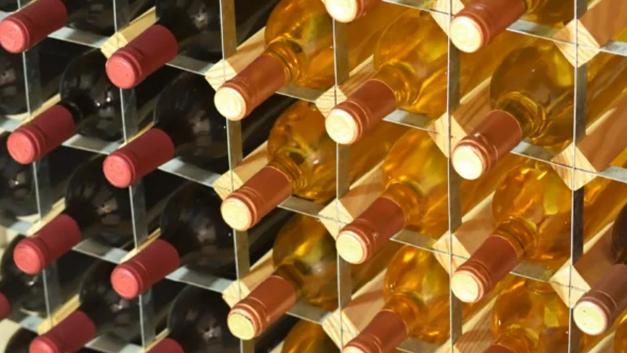 A rack of wine bottles